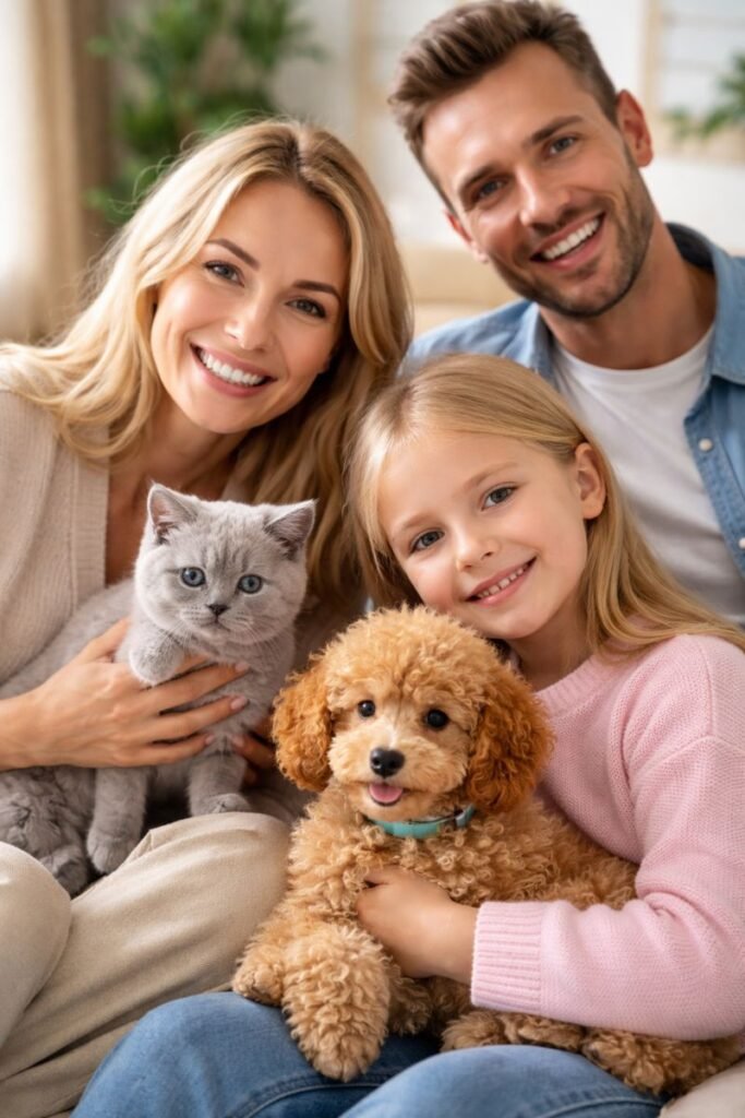 Happy family with a child holding a puppy and a kitten in a pet friendly home