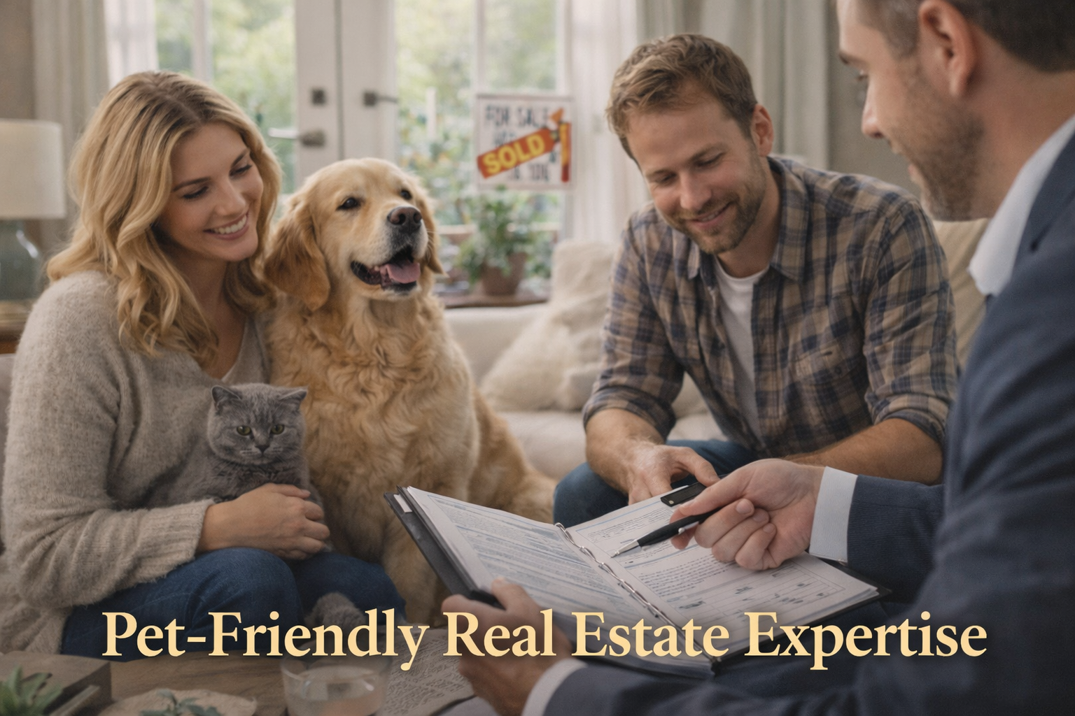 Family meeting with a real estate expert in a pet friendly home with their dog and British shorthair cat