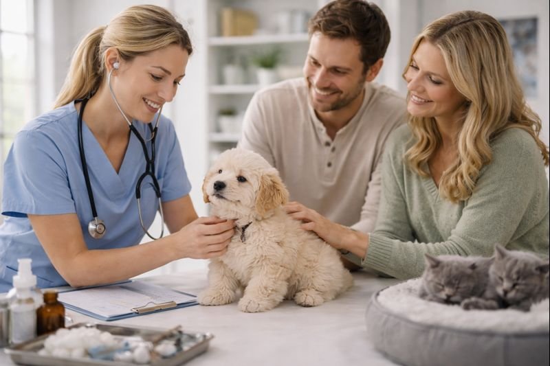 Veterinarian providing health focused care to a maltipoo puppy while British shorthair kittens rest nearby in a calm clinic
