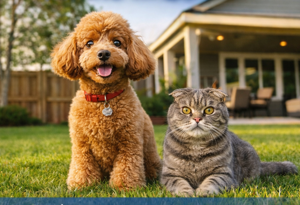 A happy golden retriever and gray tabby cat pose on green grass in a fenced suburban backyard, representing the ideal pet-friendly home with safe outdoor space and family living environment.