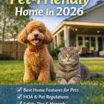 A happy golden retriever and gray tabby cat pose on green grass in a fenced suburban backyard, representing the ideal pet-friendly home with safe outdoor space and family living environment.