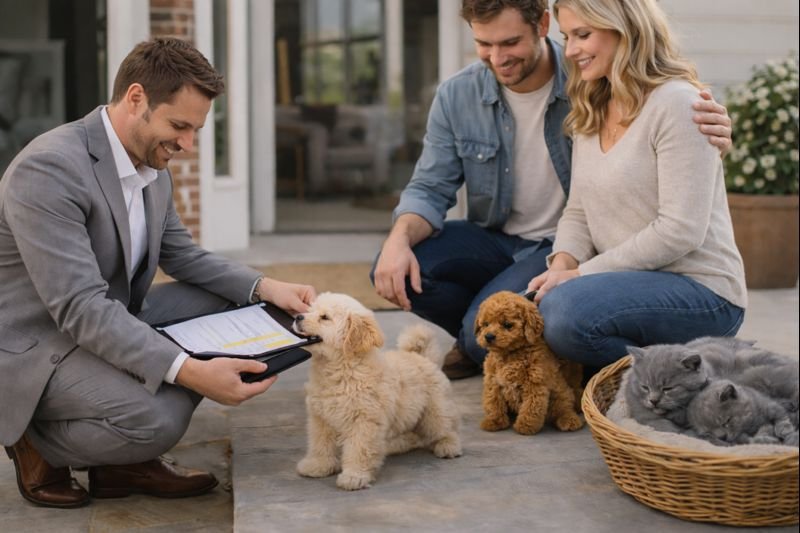 Family meeting with a real estate expert in a pet friendly home with maltipoo puppies, toy poodle puppies and British shorthair kittens