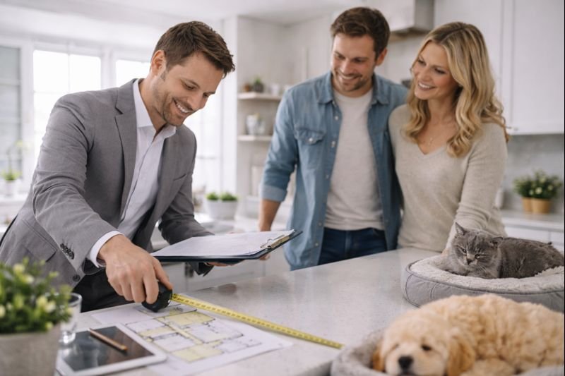 Real estate expert reviewing home details with a family in a pet friendly kitchen while their pets rest nearby