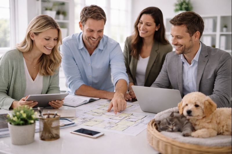 Professional team collaborating behind the scenes on pet friendly homes and companion pet care