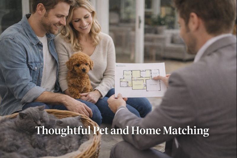 Family reviewing a home layout with a real estate expert while holding a toy poodle and British shorthair kittens nearby