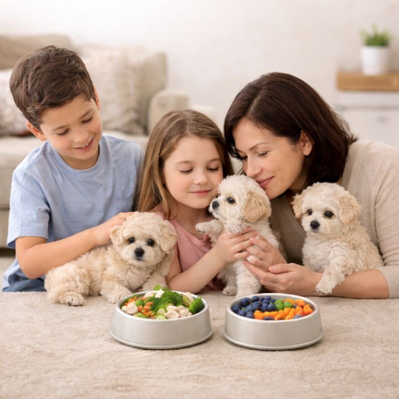 Family-raised puppies bonding with children and parent in a calm home environment as part of puppy support by Homes & Pets by New House of Pets