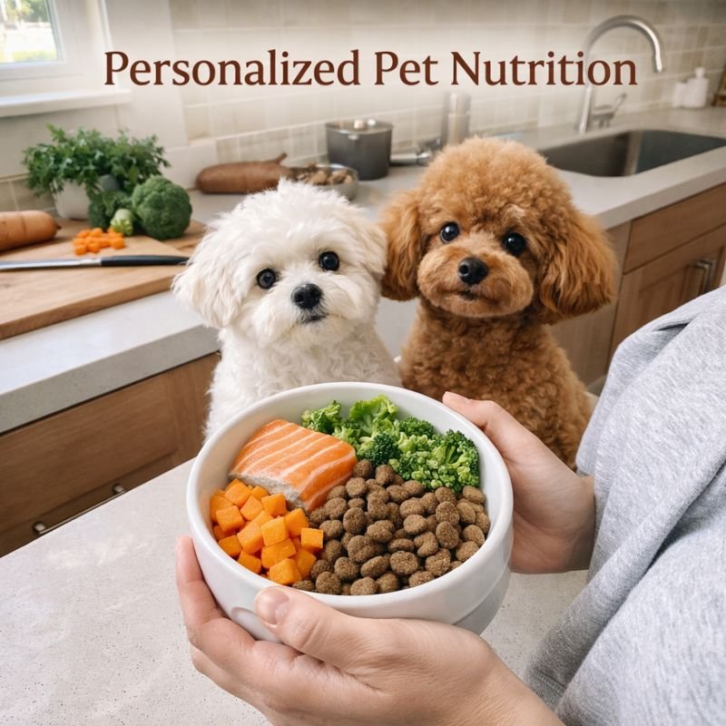 Toy Poodle and Maltipoo enjoying personalized nutrition with fresh, balanced meals in a calm home environment by Homes & Pets by New House of Pets