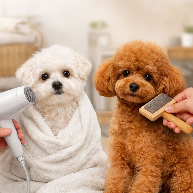 Toy Poodle and Maltipoo receiving gentle grooming and coat care in a calm home environment by Homes & Pets by New House of Pets
