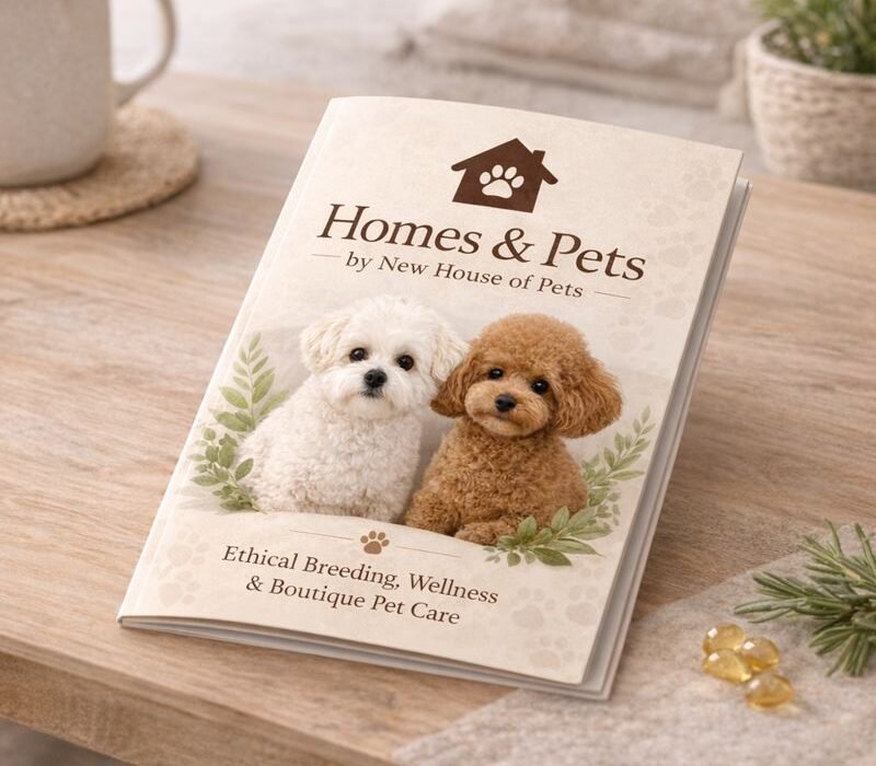 Homes & Pets wellness booklet featuring Toy Poodle and Maltipoo, representing ethical breeding, holistic care, and boutique pet lifestyle by New House of Pets